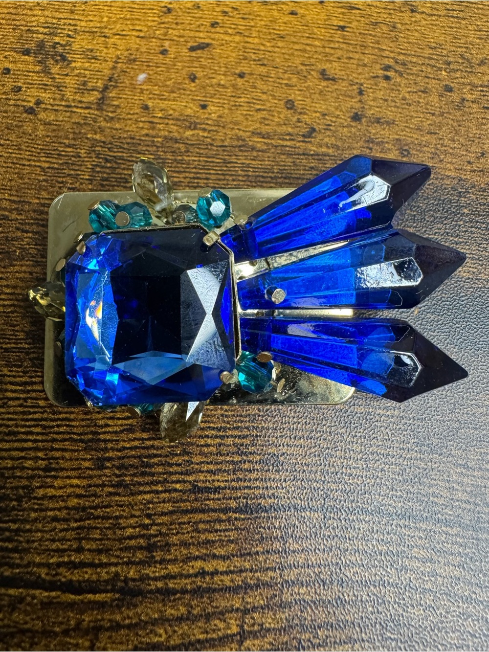Deco Flapper Style Royal Blue Rhinestone Brooch with Teal Accents